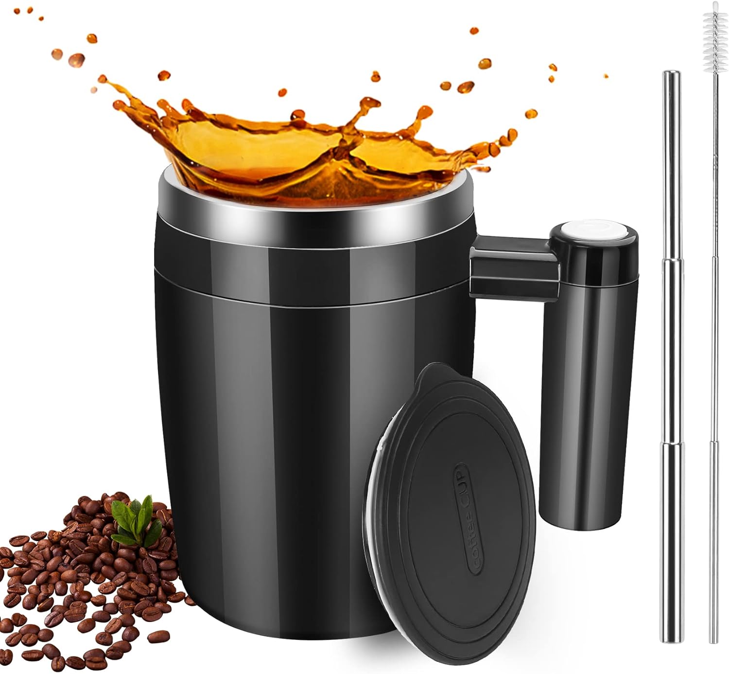 Vermida Self-Stirring Coffee Mug, 13oz, Stainless Steel, Double Wall Insulation - Effortless Mixing!