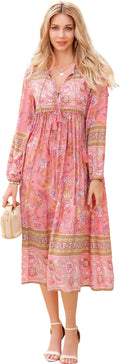 Womens Long Sleeve Floral Bohemian Midi Dress - Flowy V Neck
