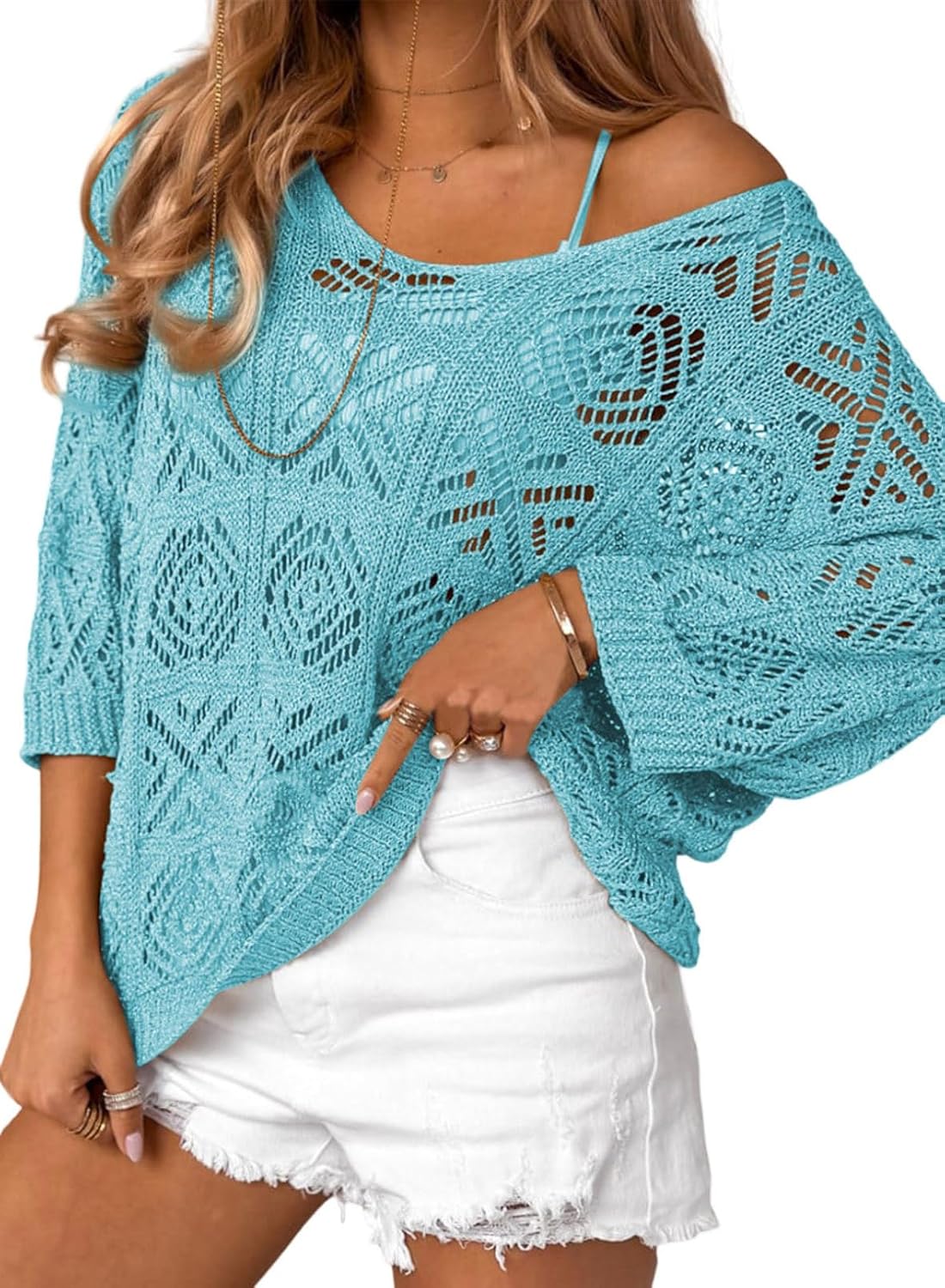 Dokotoo Women's Crochet Hollow Out Off Shoulder Pullover Sweater