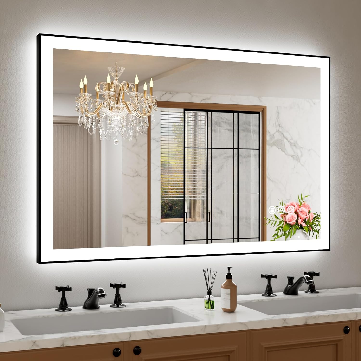 48x32 LED Bathroom Mirror with Black Frame and Anti-Fog Features