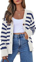 Womens Striped V Neck Cardigan Sweater - Lightweight Button Front