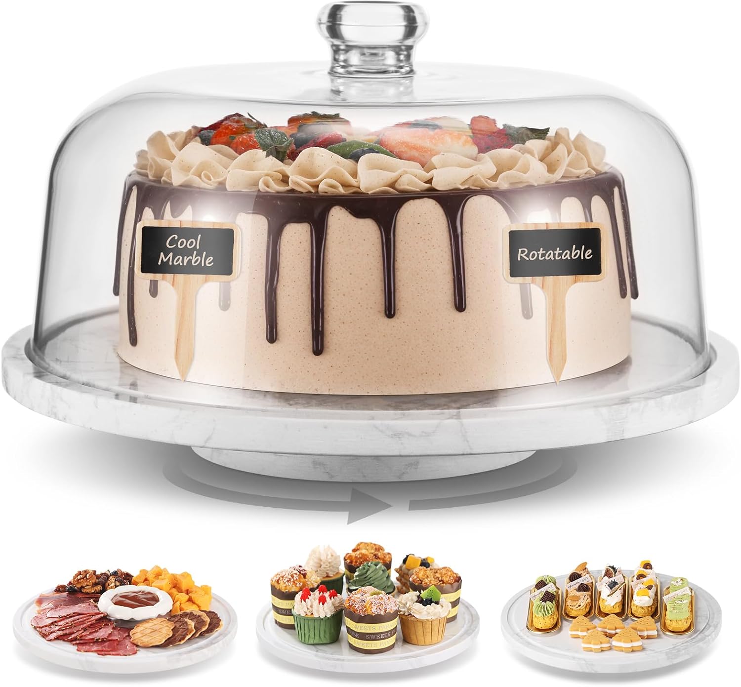 Elegant Rotatable Marble Cake Stand with Dome for Desserts