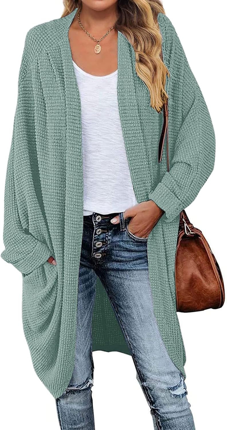 Waffle Knit Batwing Long Sleeve Cardigan for Cozy Fall Style