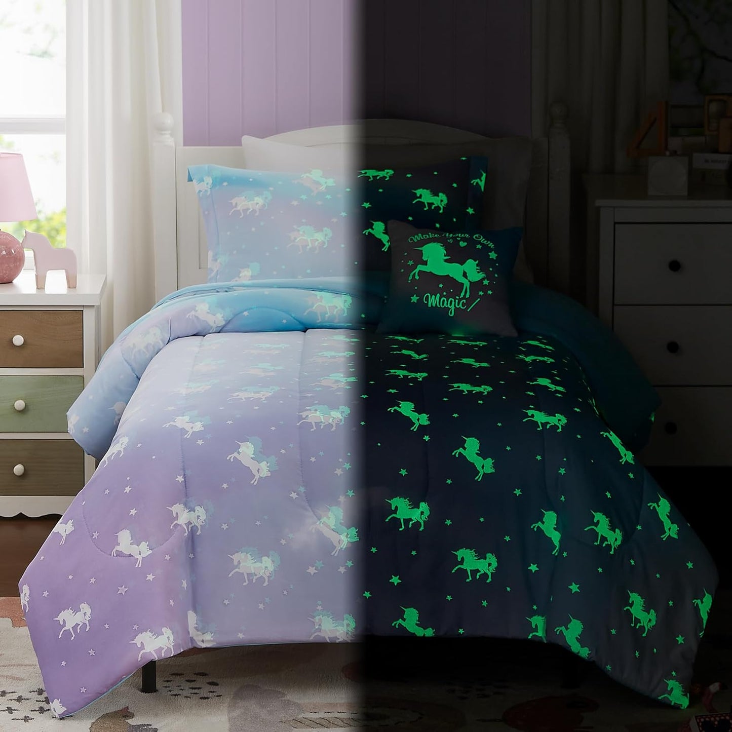 Kids Comforter Set Full Size for Girls with Glow in The Dark Unicorns