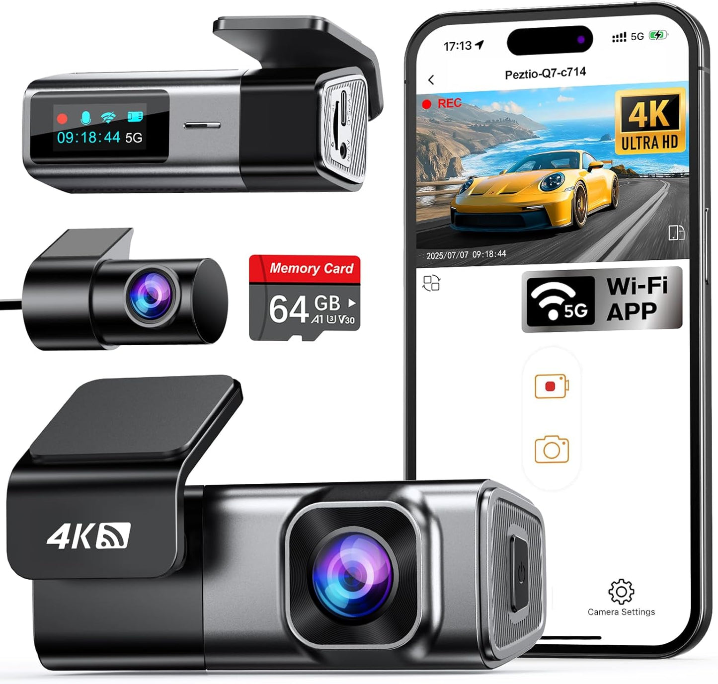 Navycrest 4K Dash Cam Front and Rear with 64GB Card and WiFi