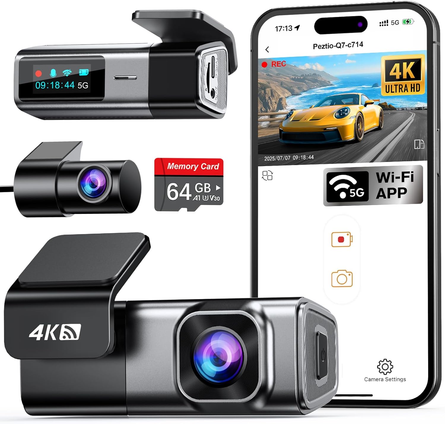 Navycrest 4K Dash Cam Front and Rear with 64GB Card and WiFi