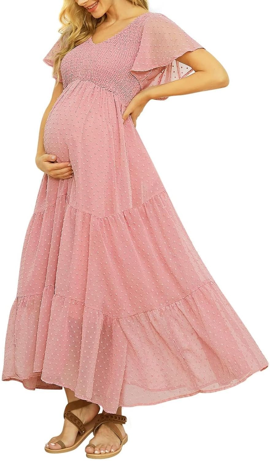 Elegant Swiss Dot Smocked Maternity Dress for Baby Showers