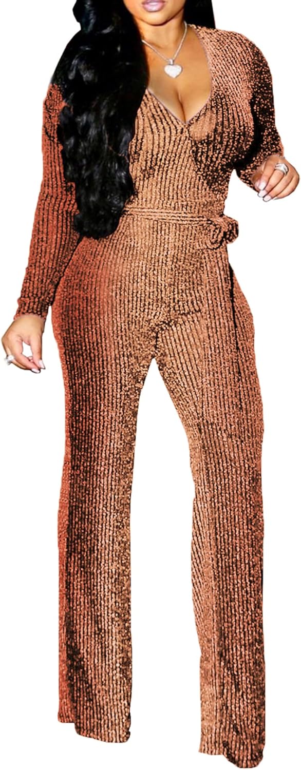 LightlyKiss Women Casual Sexy V Neck Sparkly Jumpsuits for Parties