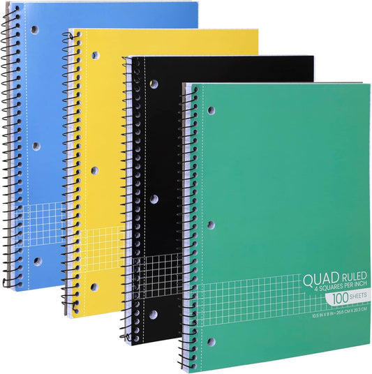 Quad Ruled Graph Paper Spiral Notebook - Perforated Pages - 100 Sheets - 10.5 X 8 - 1 Subject - Assorted Colors