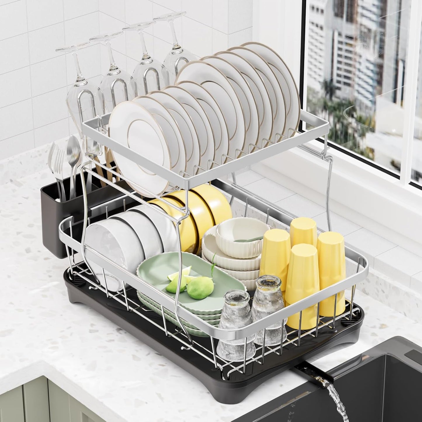 LIYI Large Dish Drying Rack for Kitchen Counter, 2-Tier Design
