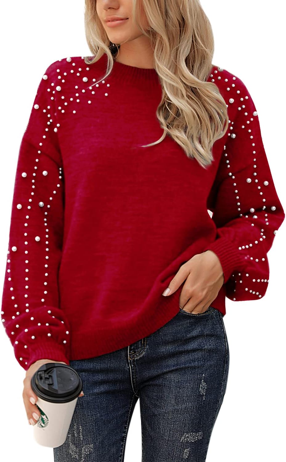 Chunky Sweater Crewneck Pullover with Pearls for Women