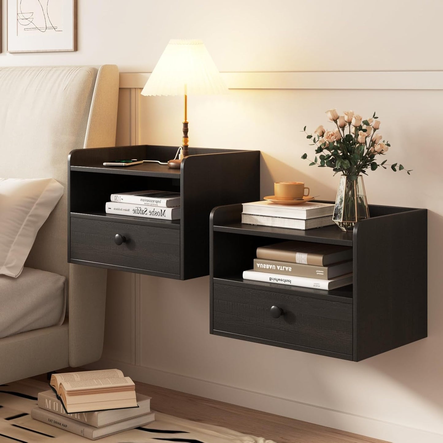 Floating Nightstand Set of 2 with Charging Station for Bedroom