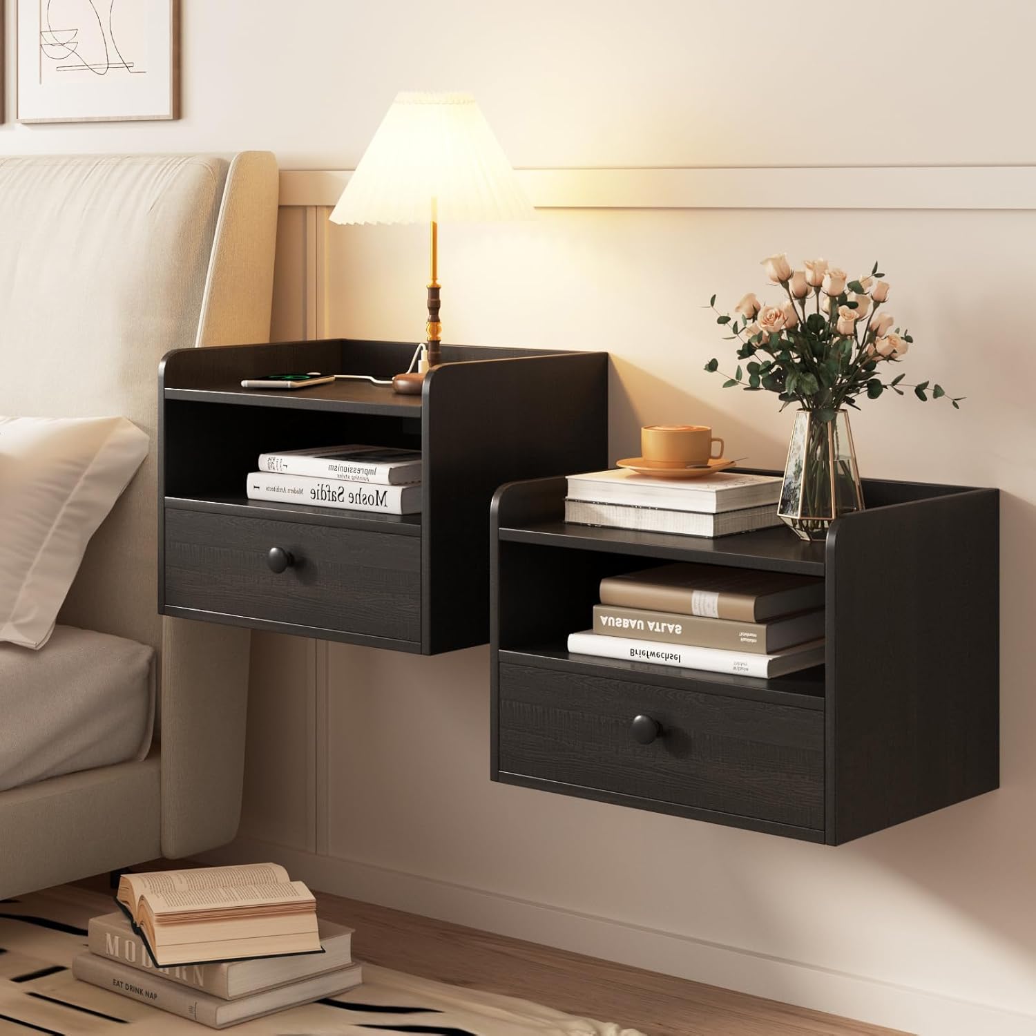 Floating Nightstand Set of 2 with Charging Station for Bedroom