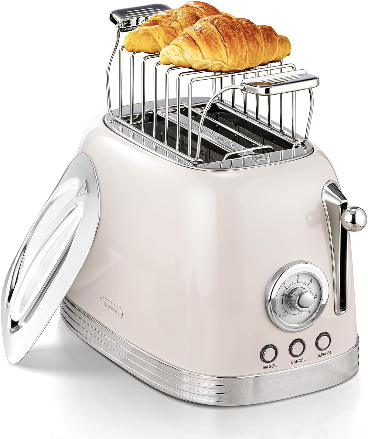 Beige Cute Retro Toaster with Wide Slots and Warm Rack