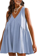 OPCAKM V Neck Sleeveless Mini Dress - Loose Pleated Swing Sundress