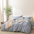 Linen Feel Cornflower Blue Duvet Cover Queen Size - Breathable Washed