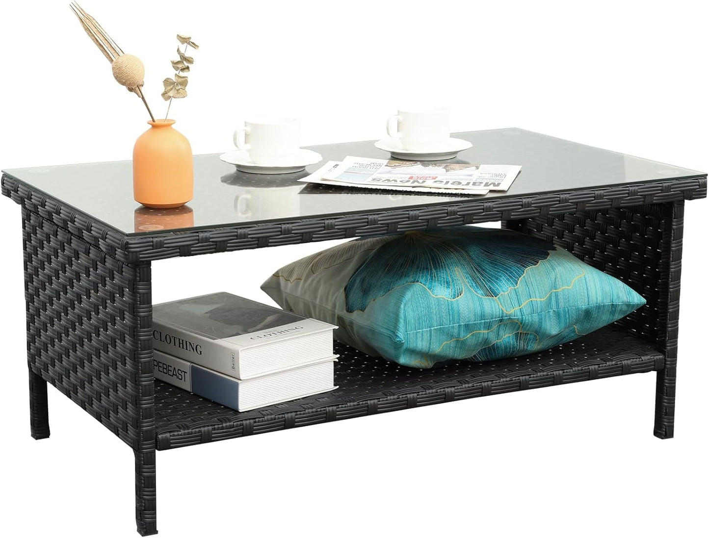 Outdoor Wicker Coffee Table with Storage for Patio and Garden