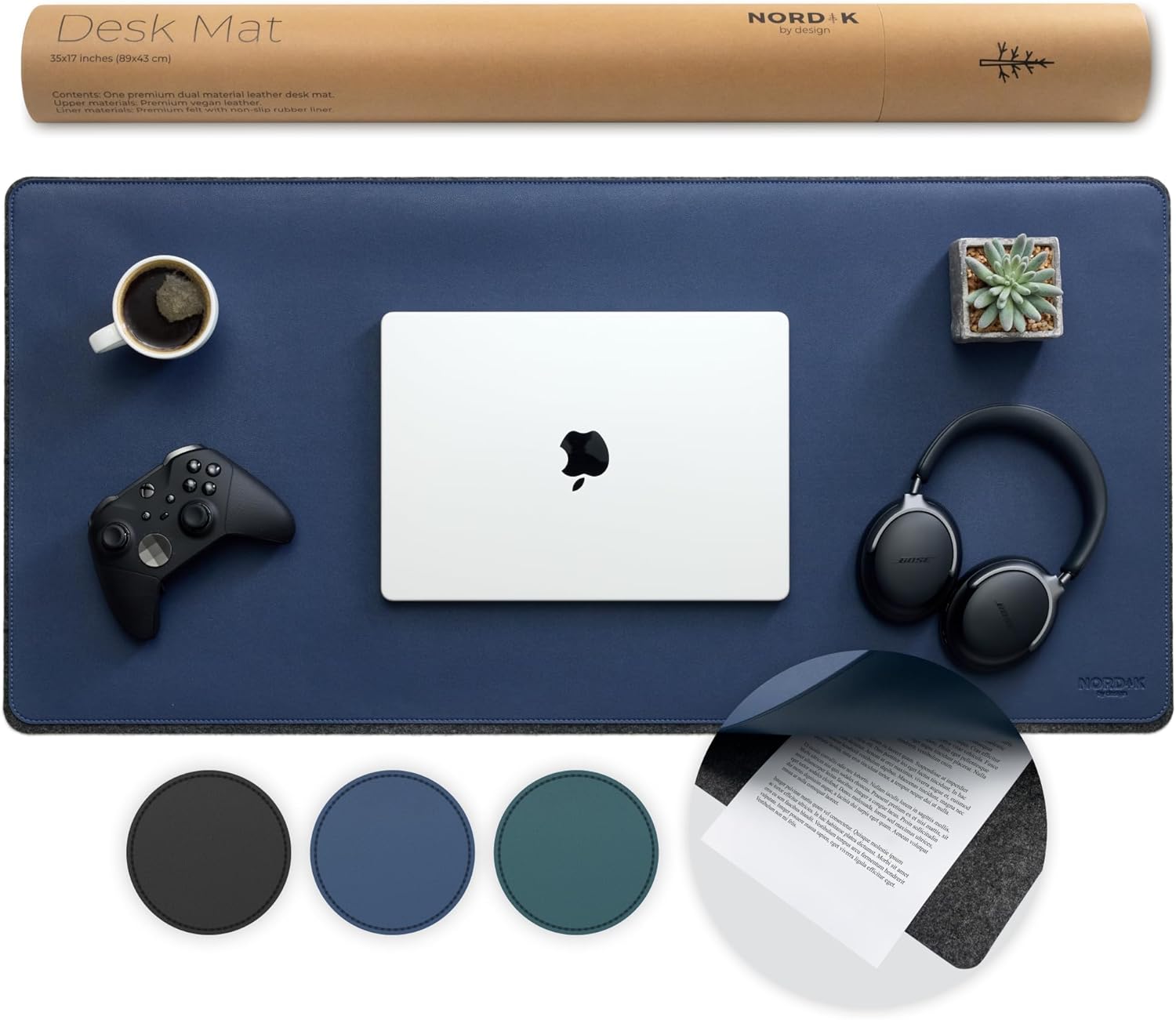 Nordik Felt and Leather Desk Mat Non-Slip - Blue 35 X 17 in