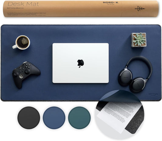 Nordik Felt and Leather Desk Mat Non-Slip - Blue 35 X 17 in
