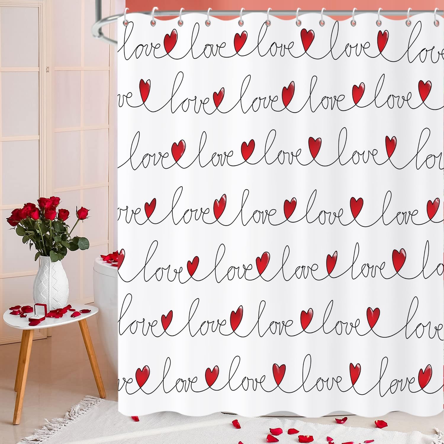 Romantic Red Heart Valentine's Shower Curtain, Waterproof, 72x72 - Caheansi