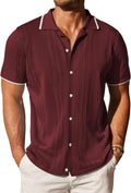 Men's Knit Button Down Shirt Vintage Short Sleeve Polo - Casual Beach