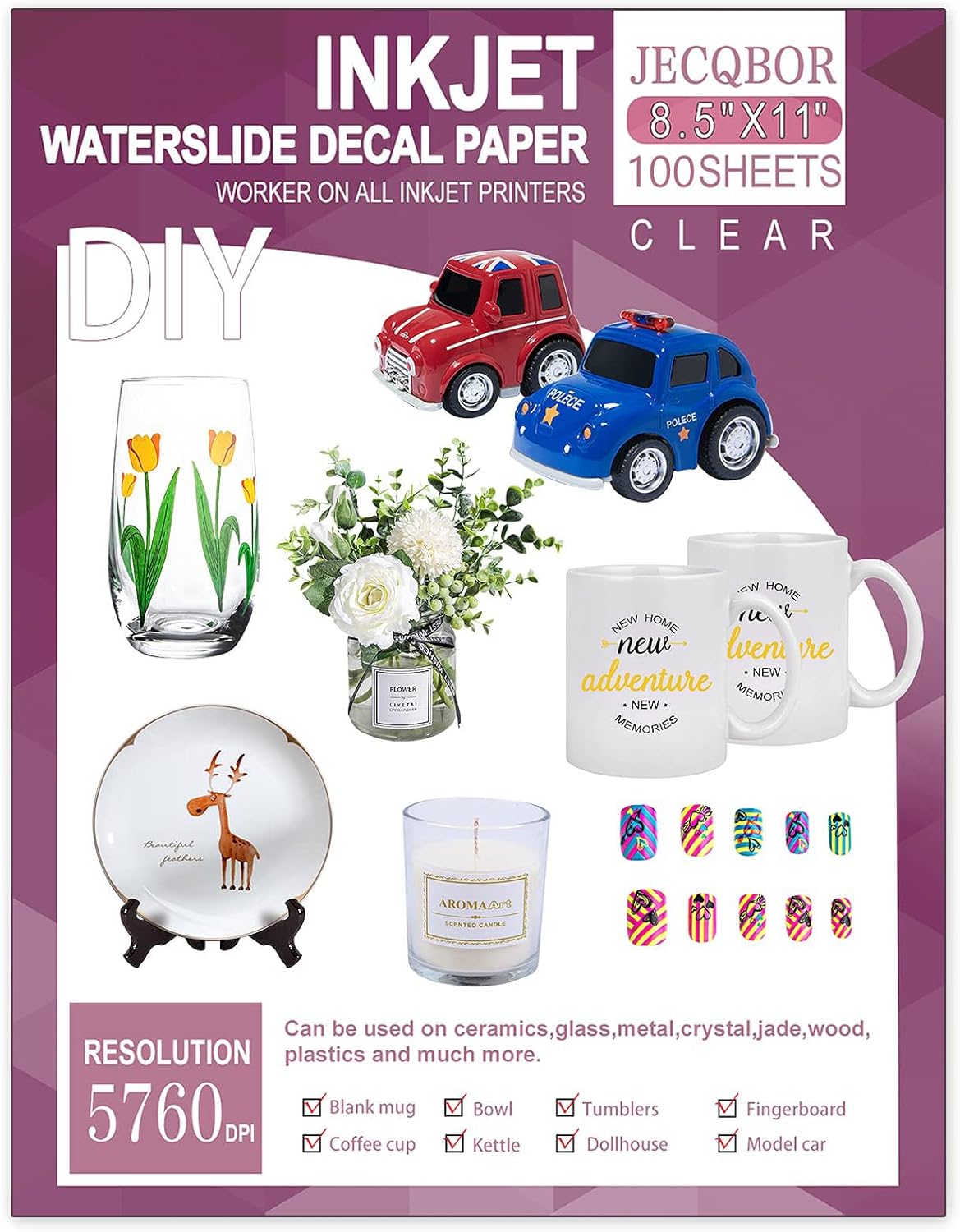 100 Sheets Waterslide Decal Paper for Inkjet Printing Projects