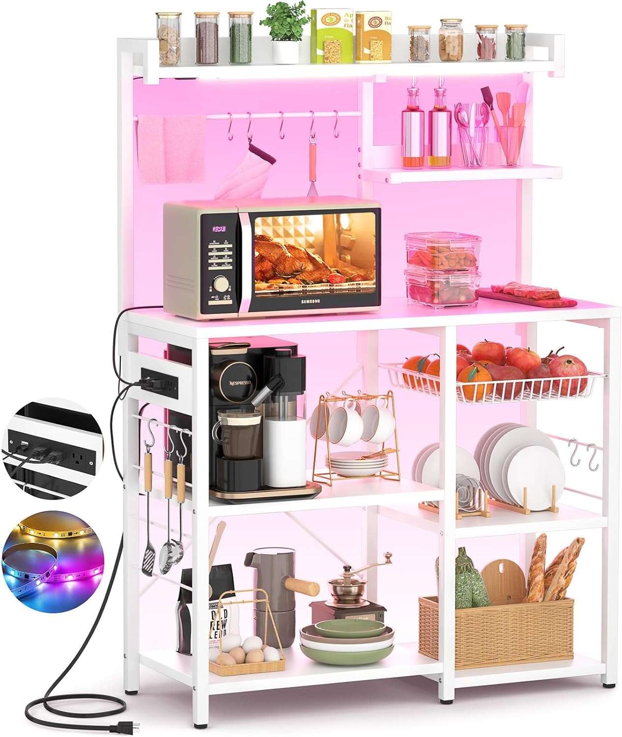 Aheaplus Bakers Rack with Power Outlet - Organize & Illuminate Your Kitchen!