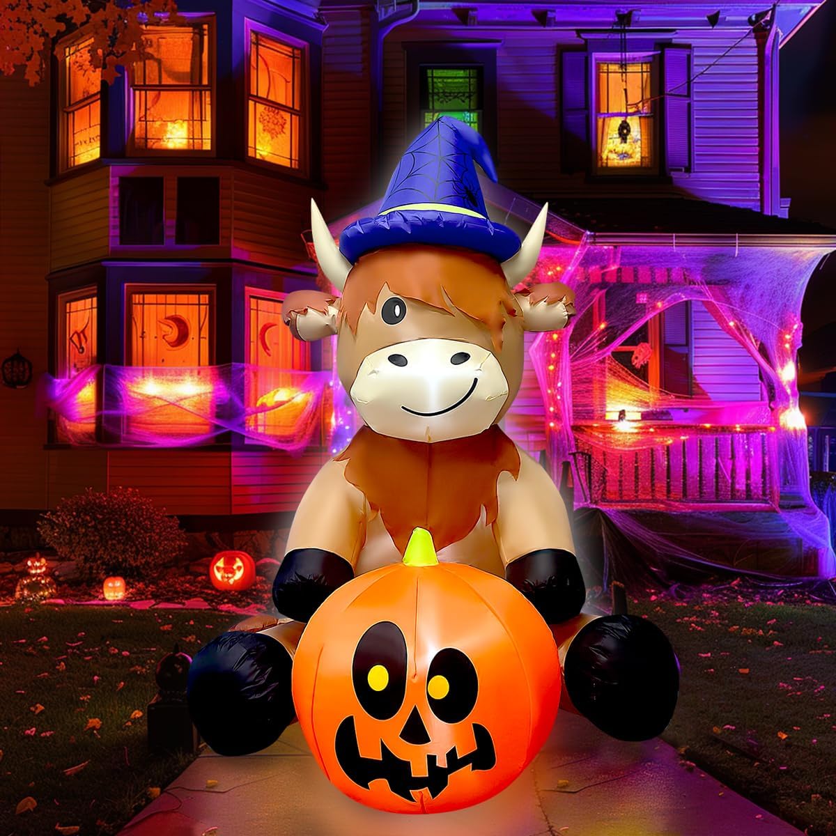 5FT Inflatable Highland Cow Holding Pumpkin for Halloween Decor
