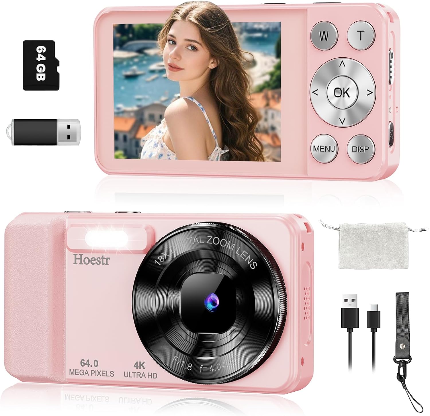64MP 4K Digital Camera with 18X Zoom for Travel Photography