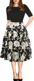 oxiuly Women's Vintage Patchwork Pocketed Swing Dress - Flattering Fit
