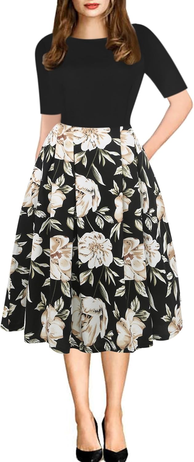 Oxiuly Women's Vintage Patchwork Pockets Swing Dress Review