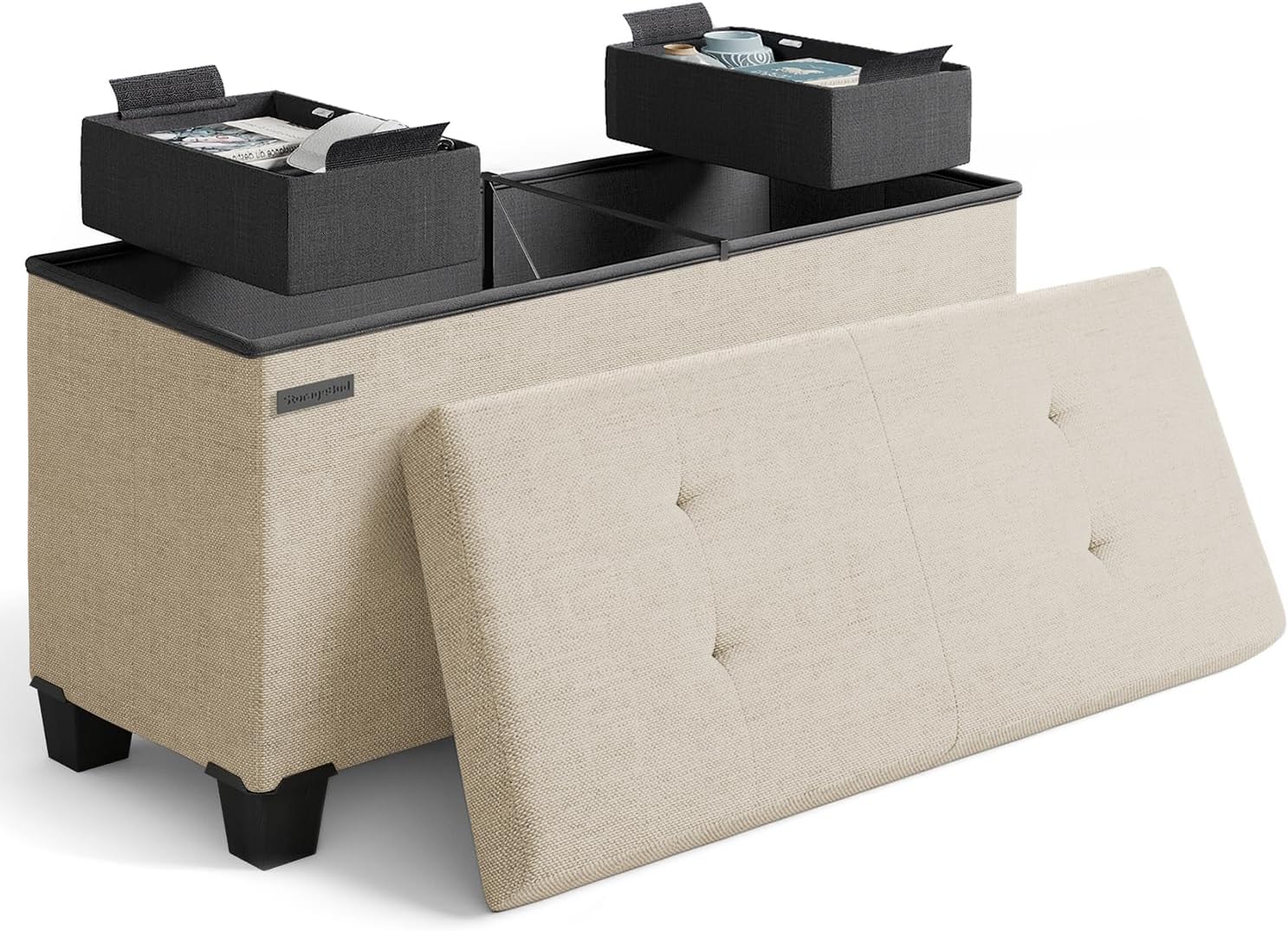 Storage Ottoman Bench with Bins for Bedroom and Living Room