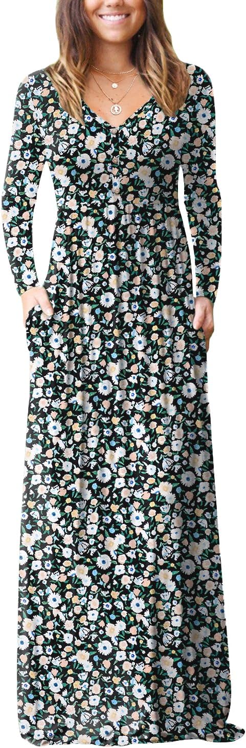 GRECERELLE Womens Long Sleeve V Neck Casual Maxi Dress with Pockets