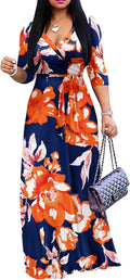 Plus Size Maxi Dress V-Neck 3/4 Sleeve - Comfortable Everyday Wear
