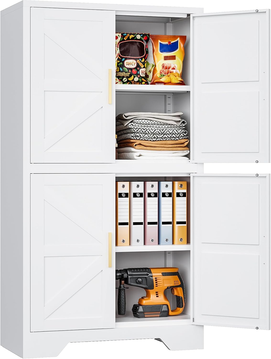 SISESOL White Storage Cabinet with 4 Doors and Adjustable Shelves