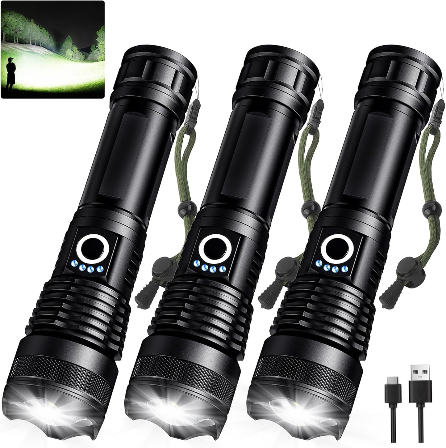 MIXILIN Super Bright 3 Pack LED Flashlights - Waterproof, Rechargeable, 5 Modes