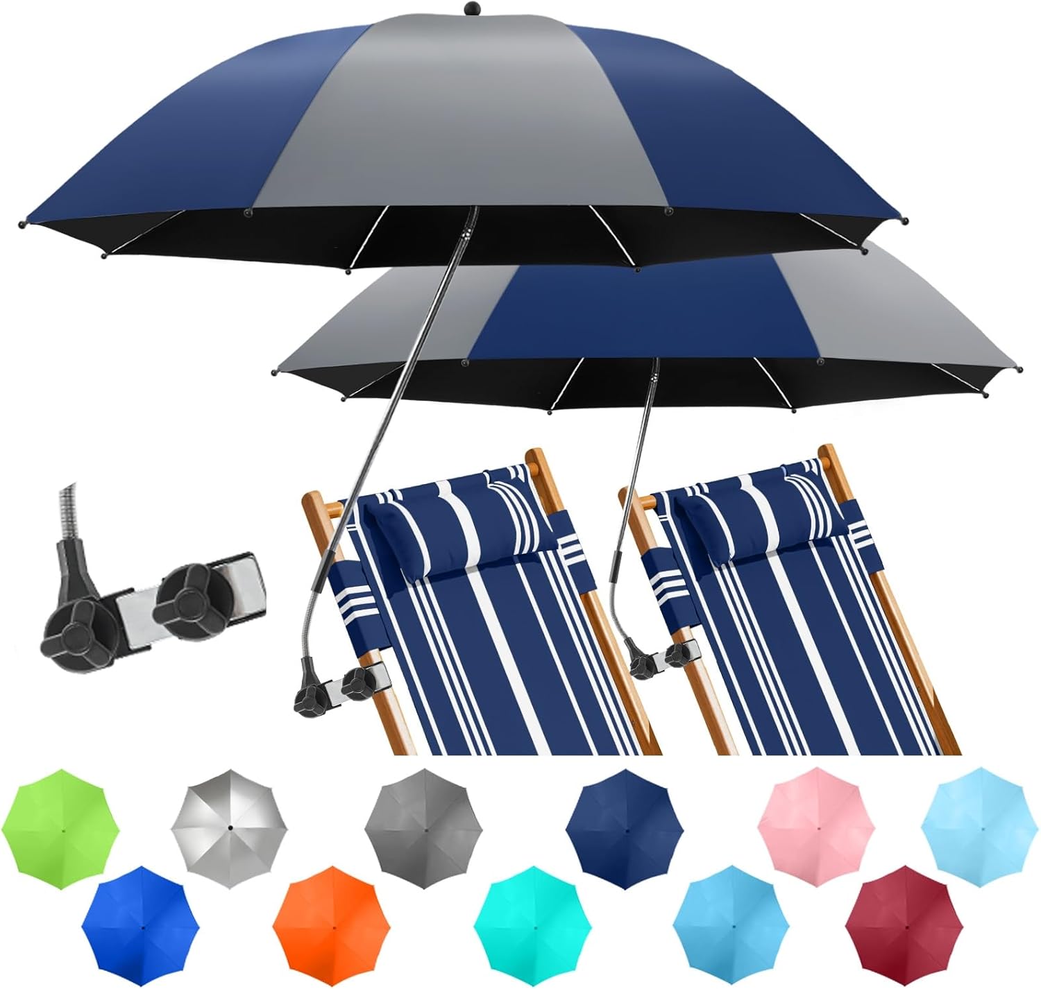 2 Pack Beach Umbrella with 360 Universal Clamp for Sun Protection