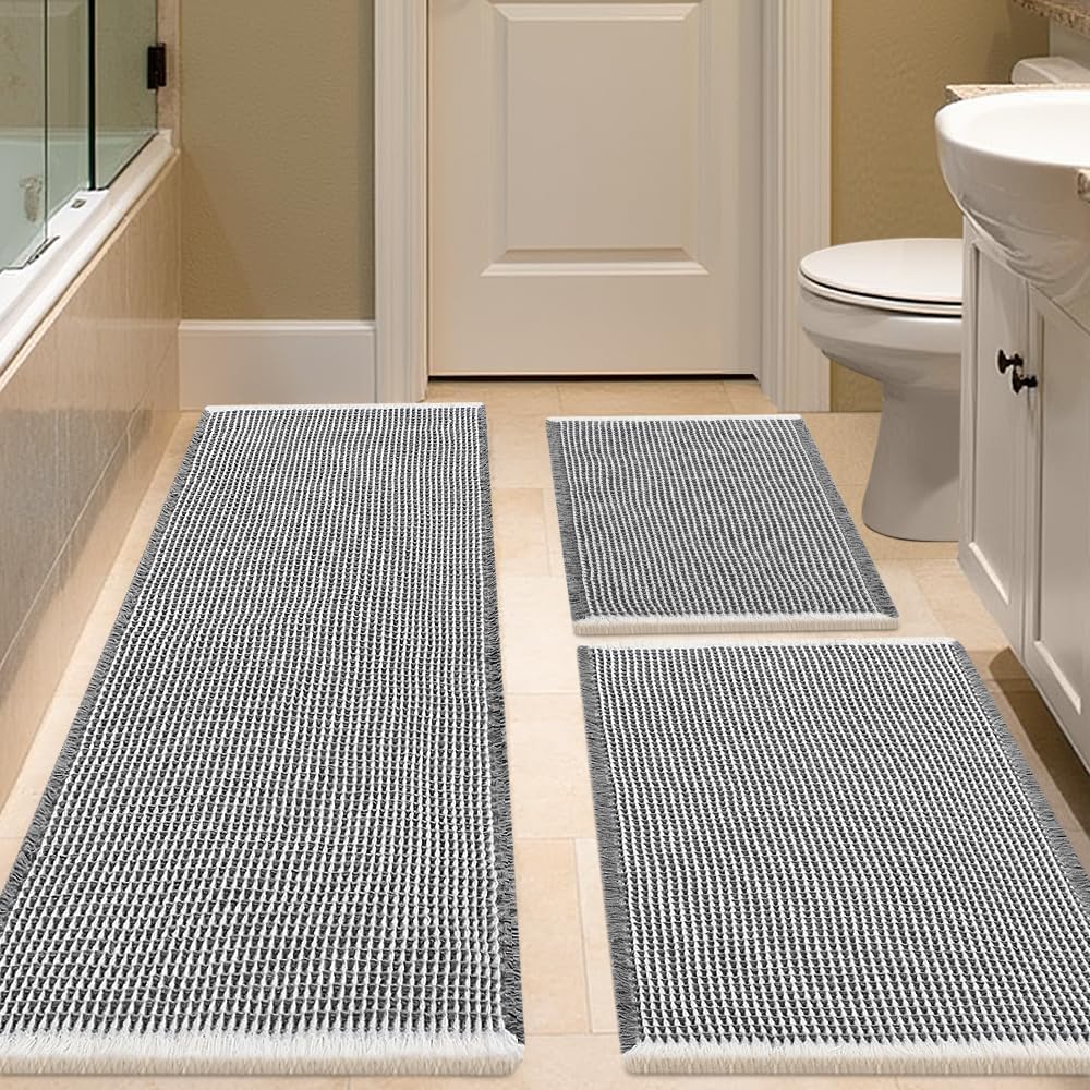 Waffle Bath Mat Set 3 Piece Darkgrey & Cream for Modern Homes