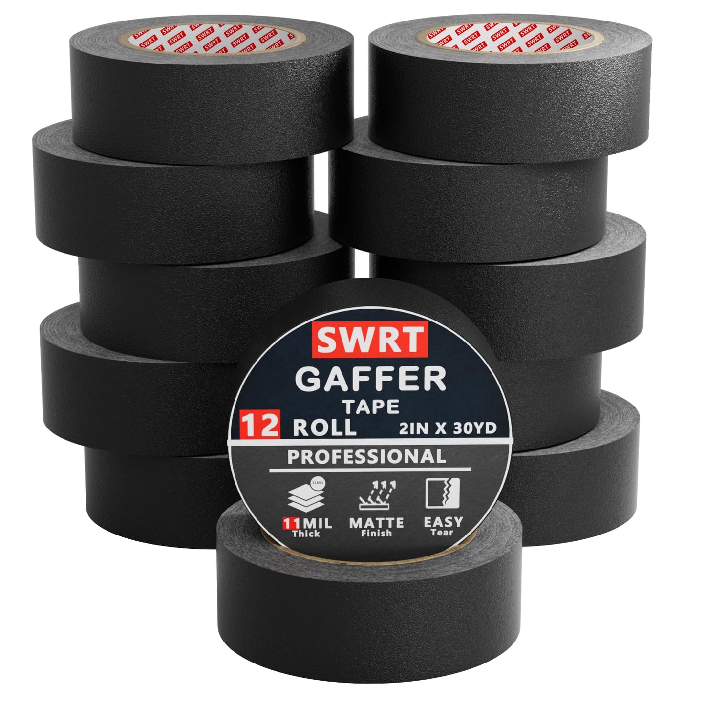 Gaffers Tape 12 Pack, 11 Mil Heavy-Duty Adhesion, Black