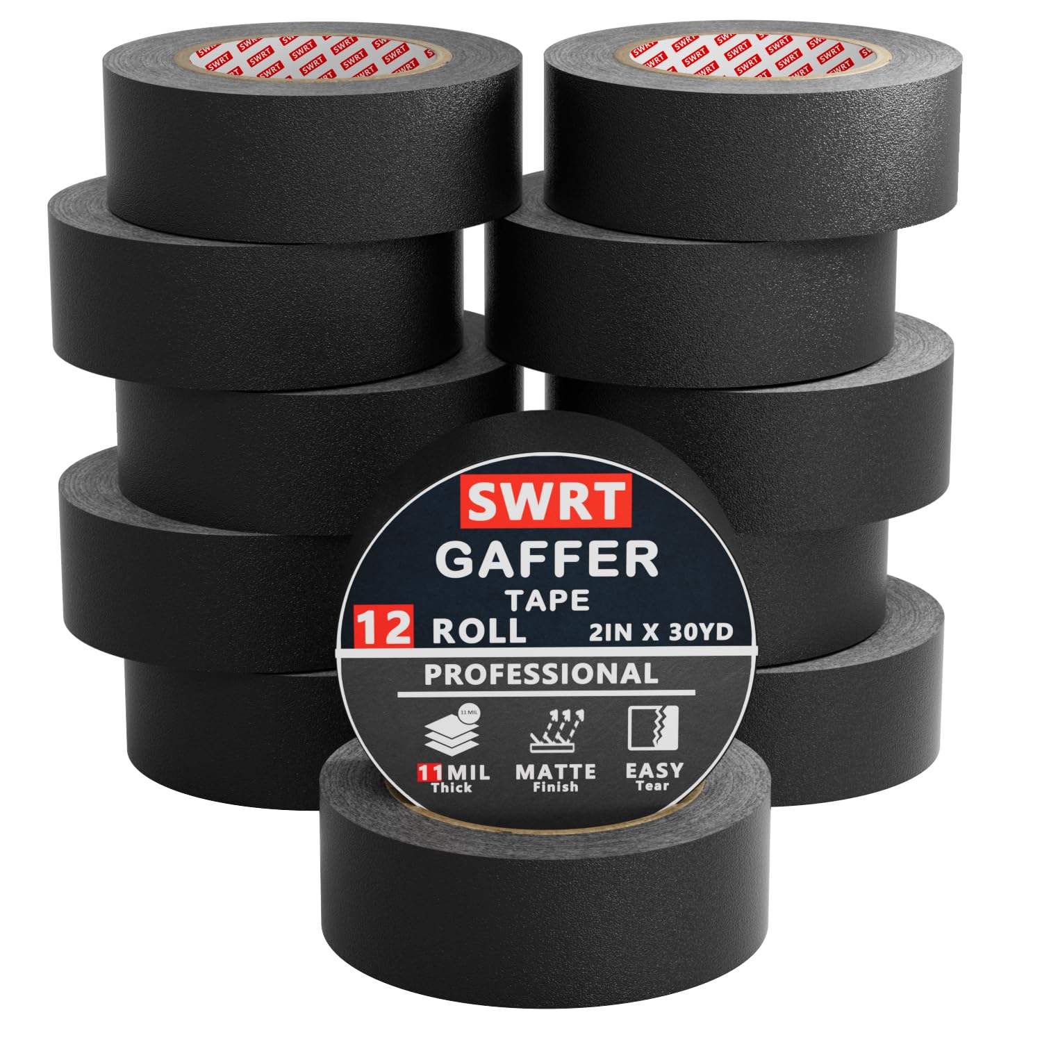 Gaffers Tape 12 Pack, 11 Mil Heavy-Duty Adhesion, Black