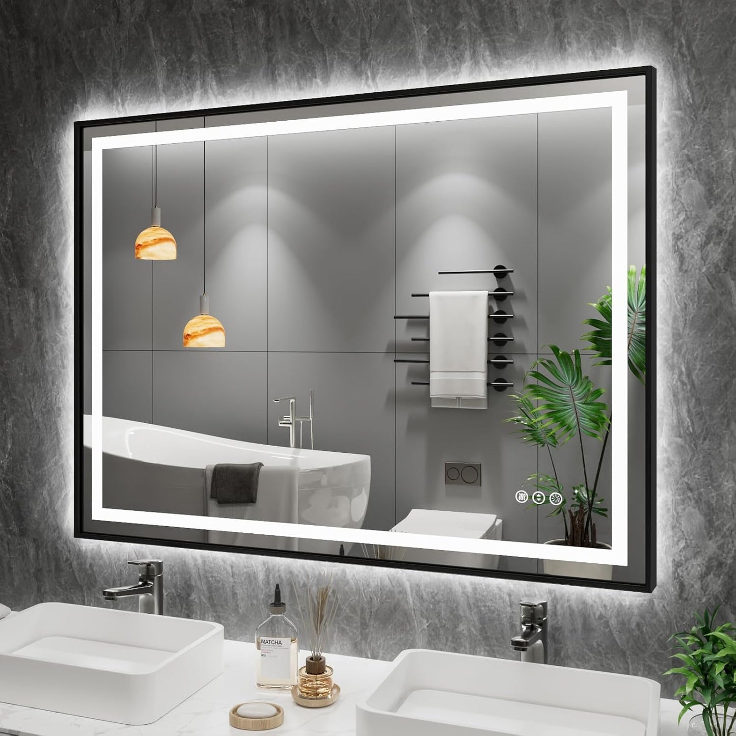 48in X36in LED Bathroom Mirror with Black Frame and Anti-Fog