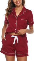 Womens Cotton Pajama Set Short Sleeve Button Down - Breathable