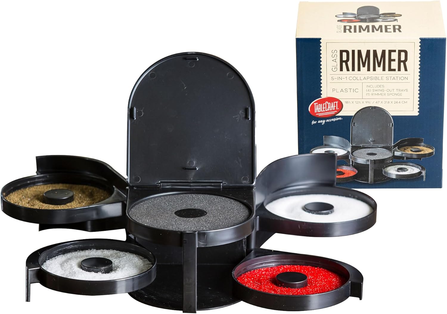 Tablecraft Glass Rimming Station - 5 Swing Trays, Efficient Bar Tool