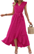 BTFBM Women V Neck Summer Dress Swiss Dot Wrap Maxi - Flattering Fit