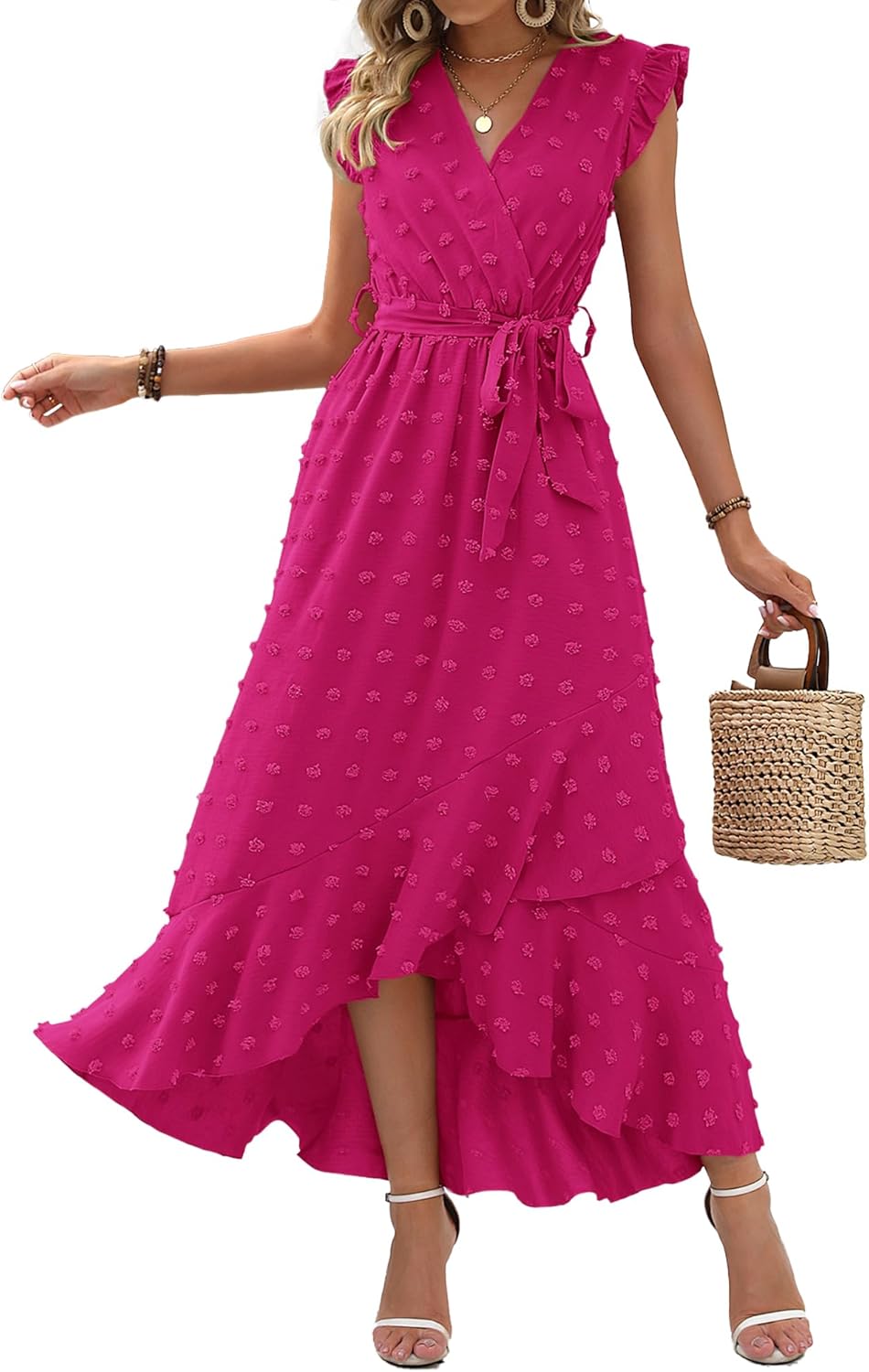 BTFBM Women V Neck Summer Dress with Ruffle Slit for Parties