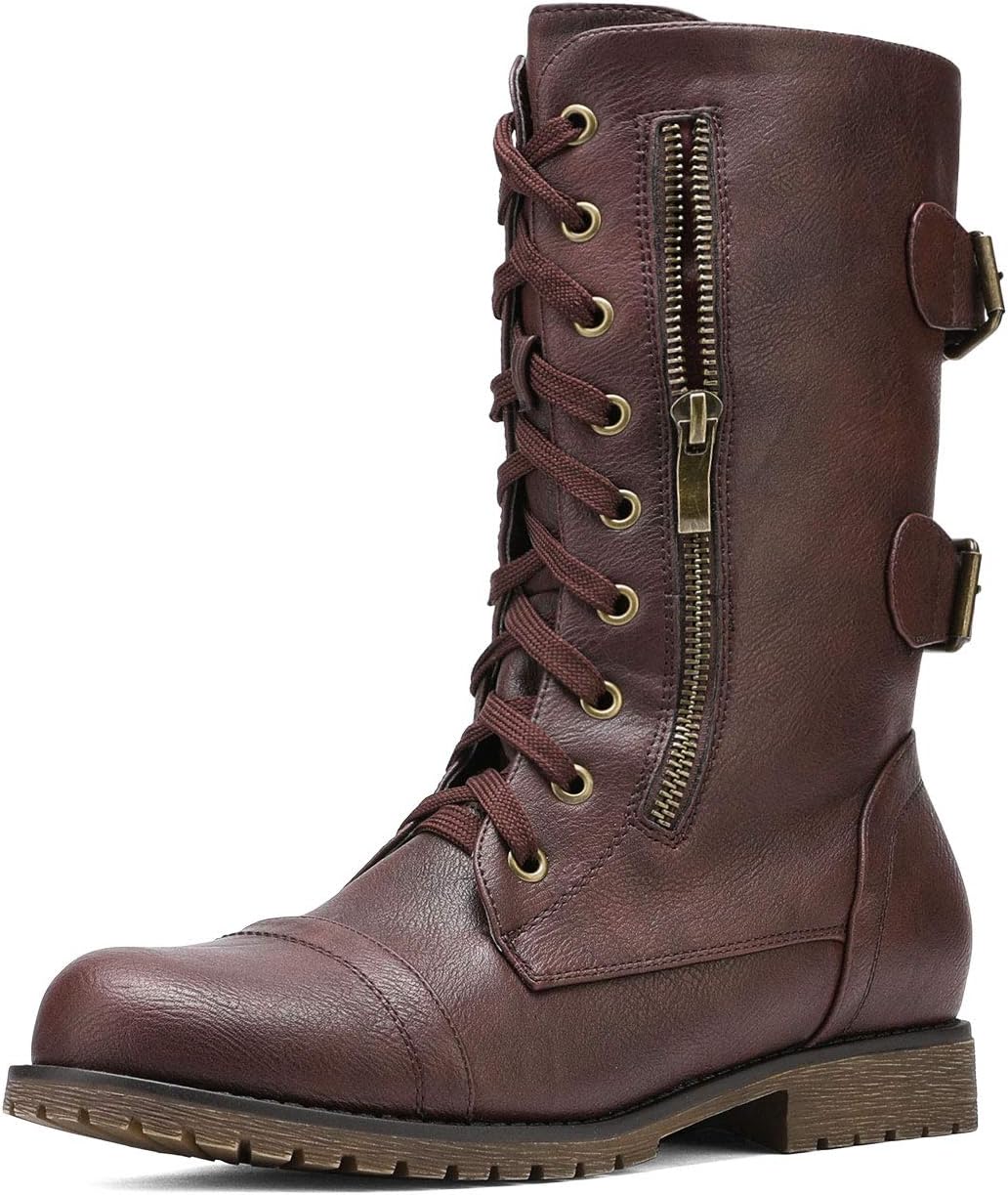 DREAM PAIRS Women's Mid Calf Lace Up Military Combat Boots