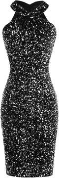 Sequin Halter Bodycon Dress for Women - Sparkly Club Mini Night