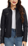 Fahsyee Zip Leather Jacket for Women Faux PU Moto Biker Coat