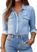 Denim Shirt Women Chambray Jean Long Sleeve Button Down Tops