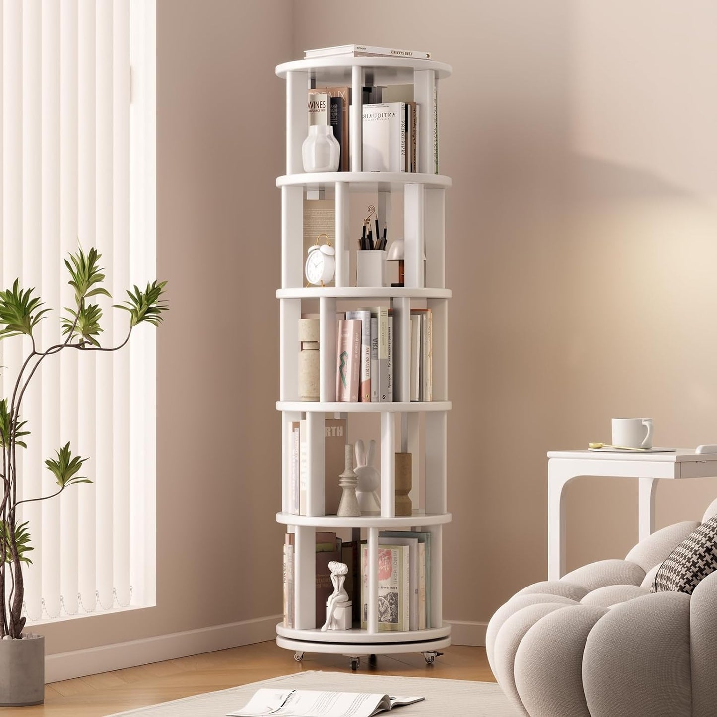 Solid Wood Rotating Bookshelf on Wheels for Small Spaces